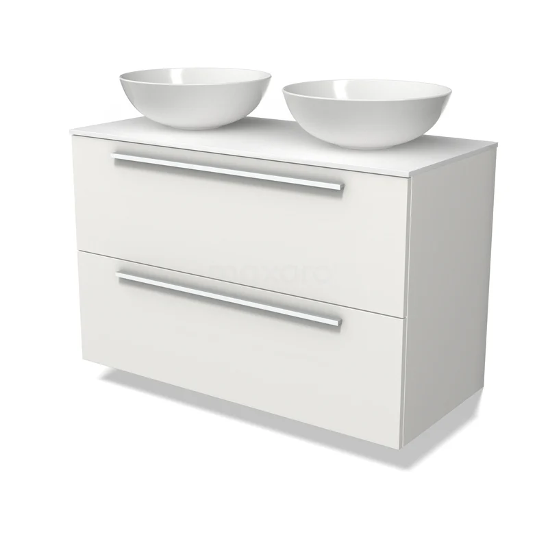 Möbel für Aufsatzwaschbecken BMK17-03630 Weiße Badmöbelset mit zwei Aufsatzwaschbecken, schlankem Design und metallischen Haltegriffen, ideal für ein modernes Badezimmer.