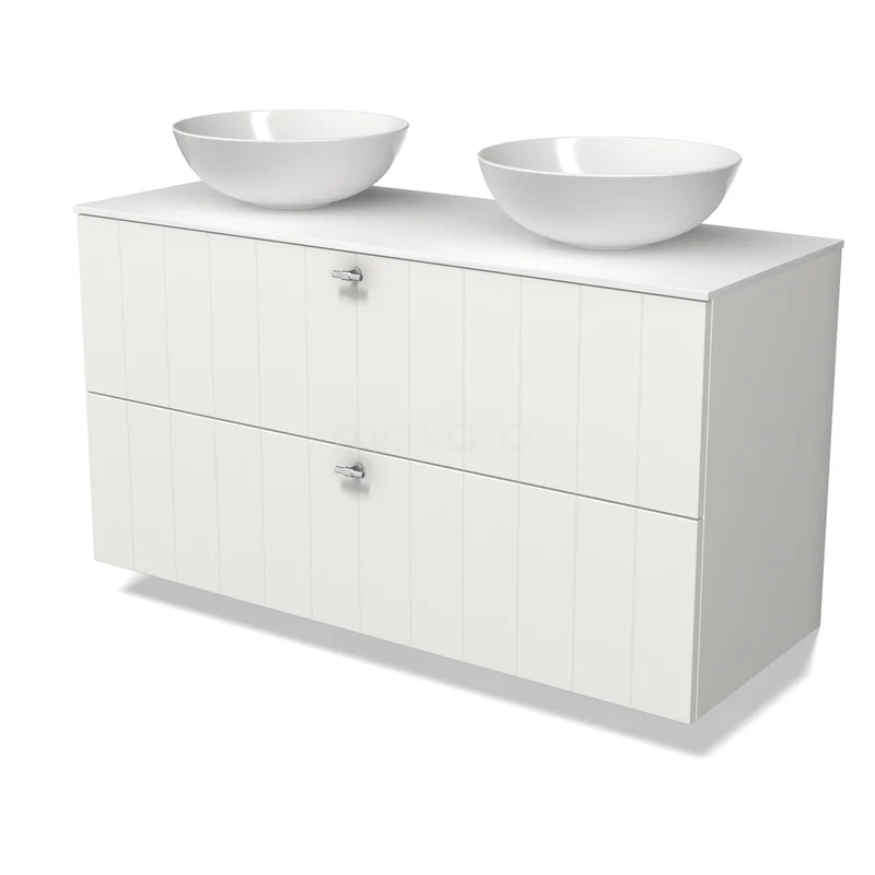 Modulo Plato Badmöbel mit Aufsatzwaschbecken | 120 cm Matt Weiß Lamelle front Solid Surface blatt 2 übereinanderliegende Schubladen BMK17-03634 Weißes Badezimmermöbel mit zwei keramischen Aufsatzwaschbecken, schnittiges Design und großzügigen Schubladen für optimale Badezimmerlagerung.