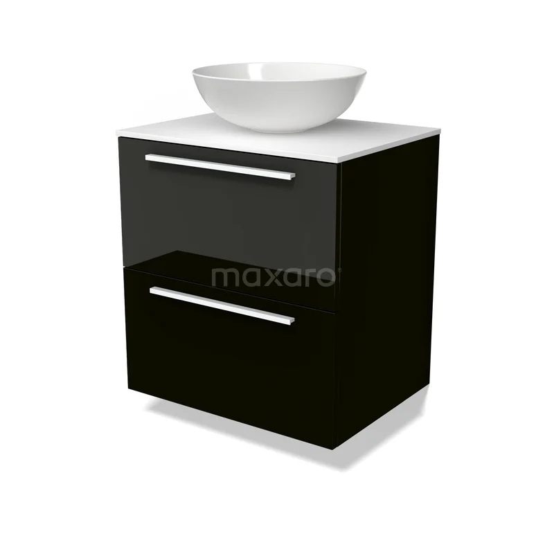 Modulo Plato Vanity units for countertop basin | 60 cm High-gloss black Flat front Solid surface worktop 2 Stacked drawers BMK17-03646 Modulo Plato Vanity units for countertop basin | 60 cm High-gloss black Flat front Solid surface worktop 2 Stacked drawers BMK17-03646