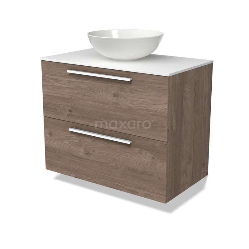 Modulo Plato Vanity units for countertop basin | 80 cm Mid brown oak Flat front Solid surface worktop 2 Stacked drawers BMK17-03679 Houten badkamermeubel met witte opzetwaskom, twee lades en chromen handgrepen, geschikt voor moderne badkamers.