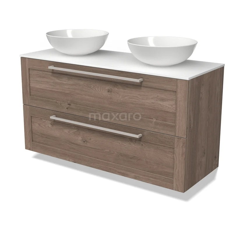 Modulo Plato Badkamermeubel voor waskom | 120 cm Middenbruin eiken Kader front Solid surface blad 2 lades onder elkaar BMK17-03684