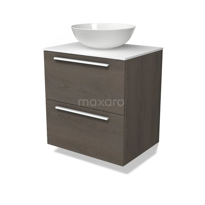 Modulo Plato Badkamermeubel voor waskom | 60 cm Donkerbruin eiken Vlak front Solid surface blad 2 lades onder elkaar BMK17-03685