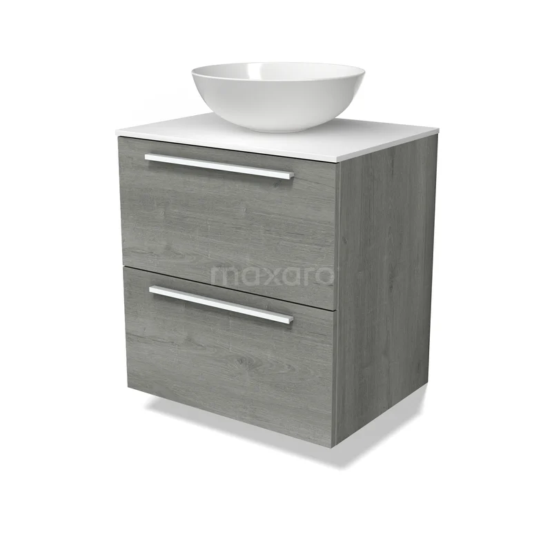 Modulo Plato Vanity units for countertop basin | 60 cm Grey oak Flat front Solid surface worktop 2 Stacked drawers BMK17-03693 Modulo Plato Vanity units for countertop basin | 60 cm Grey oak Flat front Solid surface worktop 2 Stacked drawers BMK17-03693