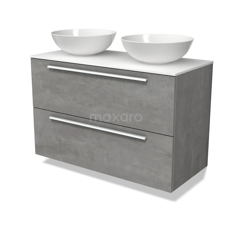 Möbel für Aufsatzwaschbecken BMK17-03702 Graue Badmöbelset mit zwei weißen Aufsatzwaschbecken und Schubladen, modernes Design, Betonlook-Oberfläche.