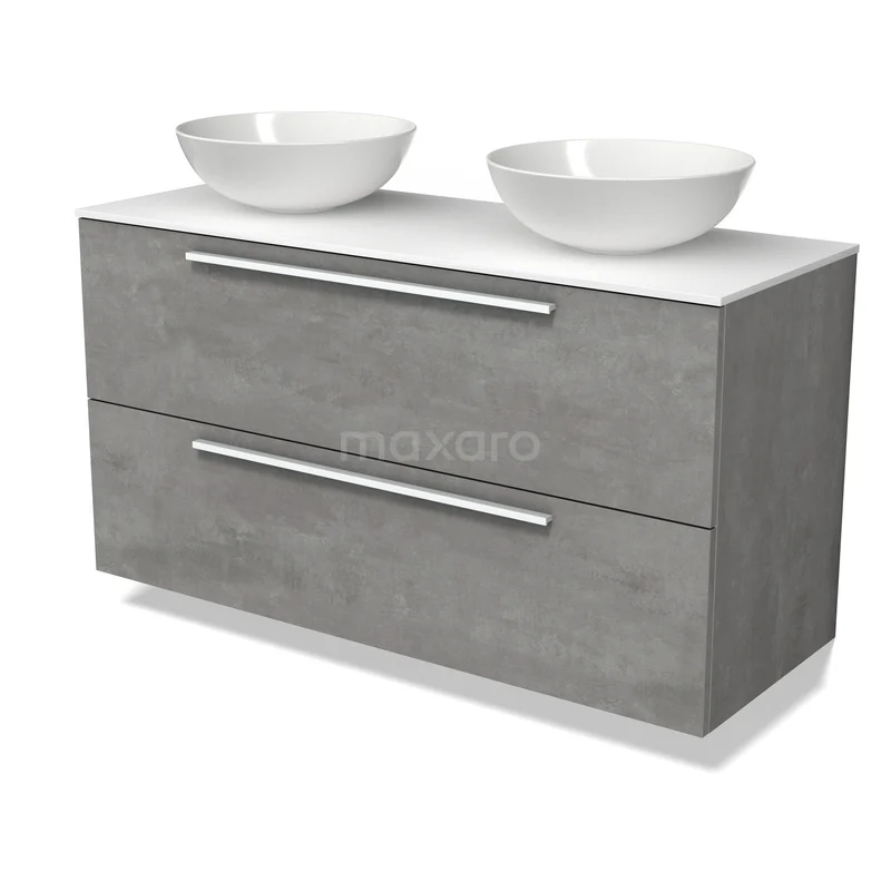 Möbel für Aufsatzwaschbecken BMK17-03703 Grau Waschtisch mit Betonlook, einschließlich doppelter weißer Aufsatzwaschbecken und chromfarbener Haltegriffe, perfekt für moderne Bäder.