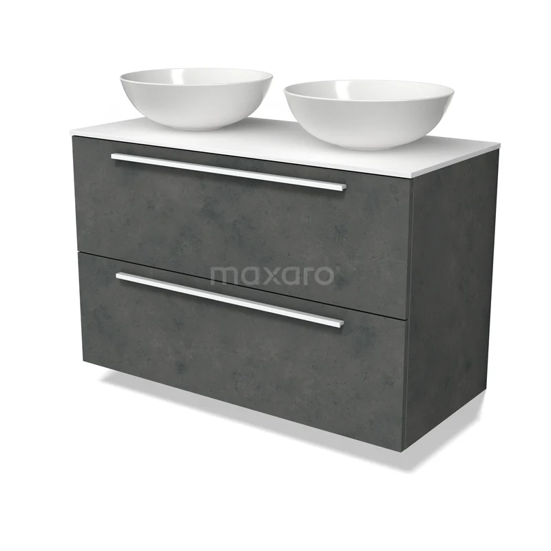 Modulo Plato Vanity units for countertop basin | 100 cm Dark grey concrete Flat front Solid surface worktop 2 Stacked drawers BMK17-03706 Grijze badkamermeubelset met twee witte wastafels, moderne betonlook en strak design.