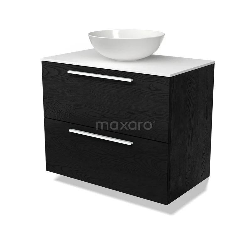 Modulo Plato Badkamermeubel voor waskom | 80 cm Zwart eiken Vlak front Solid surface blad 2 lades onder elkaar BMK17-03737