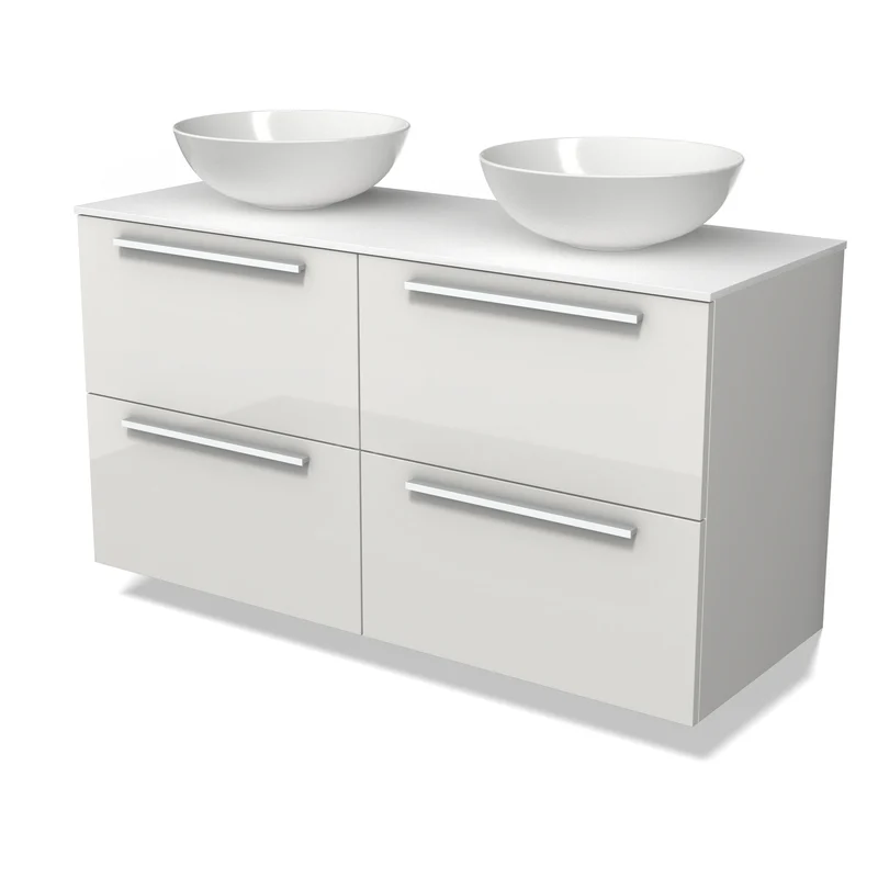 Modulo Plato Vanity units for countertop basin | 120 cm High-gloss white Flat front Solid surface worktop 4 drawers BMK18-02477 Modulo Plato Vanity units for countertop basin | 120 cm High-gloss white Flat front Solid surface worktop 4 drawers BMK18-02477