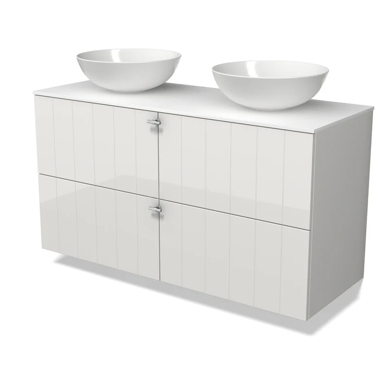 Modulo Plato Vanity units for countertop basin | 120 cm High-gloss white Slat front Solid surface worktop 4 drawers BMK18-02478 Modulo Plato Vanity units for countertop basin | 120 cm High-gloss white Slat front Solid surface worktop 4 drawers BMK18-02478