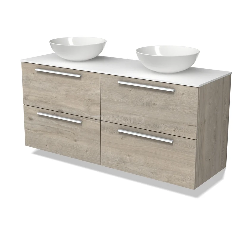 Modulo Plato Vanity units for countertop basin | 140 cm Light grey oak Flat front Solid surface worktop 4 drawers BMK18-02521 Modulo Plato Vanity units for countertop basin | 140 cm Light grey oak Flat front Solid surface worktop 4 drawers BMK18-02521
