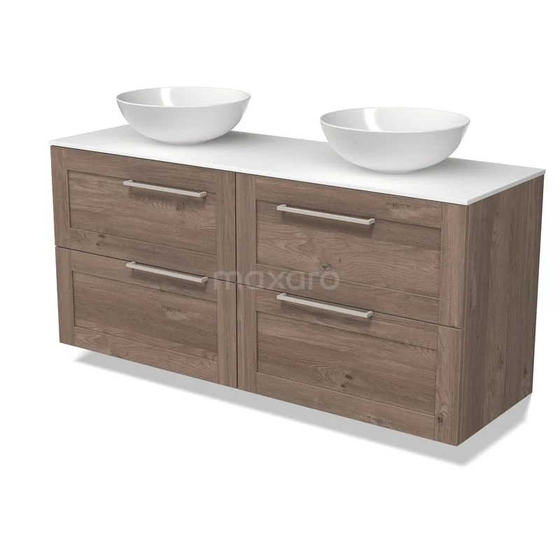 Modulo Plato Badkamermeubel voor waskom | 140 cm Middenbruin eiken Kader front Solid surface blad 4 lades BMK18-02526 Modulo Plato Badkamermeubel voor waskom | 140 cm Middenbruin eiken Kader front Solid surface blad 4 lades BMK18-02526