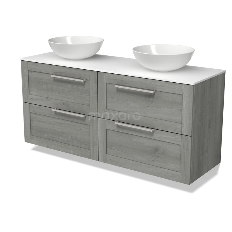 Modulo Plato Badmöbel mit Aufsatzwaschbecken | 140 cm Graue Eiche Rahmen front Solid Surface blatt 4 Schubladen BMK18-02530 Graues Holz Badezimmermöbel mit 4 Schubladen und 2 weißen Aufsatzwaschbecken, modernes Design für stilvolle Badezimmergestaltung.