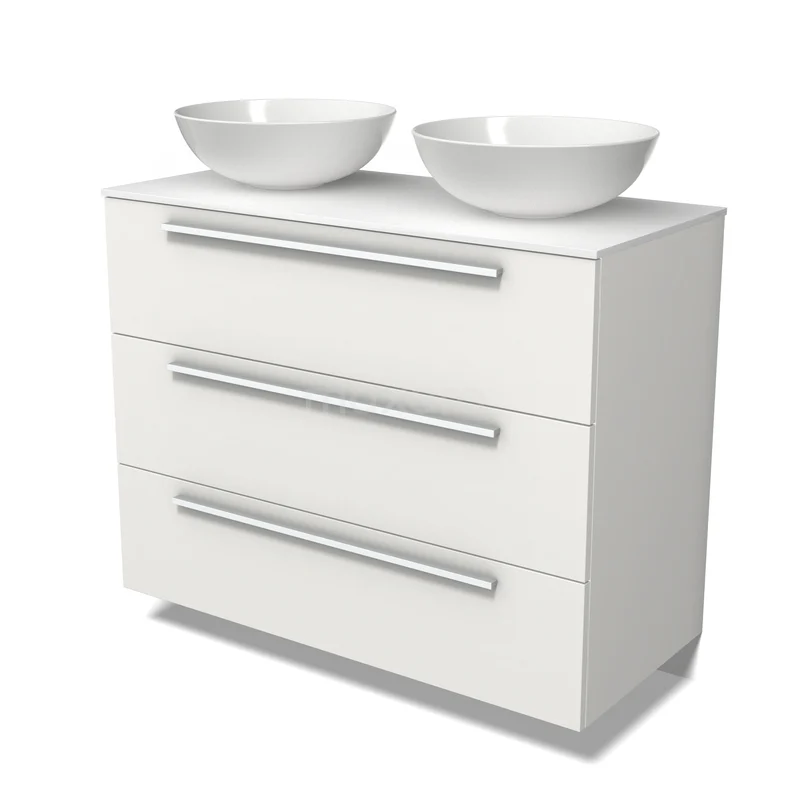 Modulo Plato Badkamermeubel voor waskom | 100 cm Mat wit Vlak front Solid surface blad 3 lades BMK19-01868 Wit badkamermeubel met drie lades, moderne chromen grepen en dubbele wastafelkommen, ideaal voor een stijlvolle badkamer.