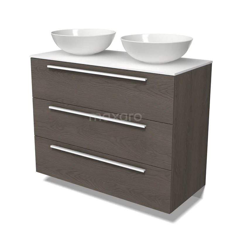 Modulo Plato Vanity units for countertop basin | 100 cm Dark brown oak Flat front Solid surface worktop 3 drawers BMK19-01877 Modulo Plato Vanity units for countertop basin | 100 cm Dark brown oak Flat front Solid surface worktop 3 drawers BMK19-01877