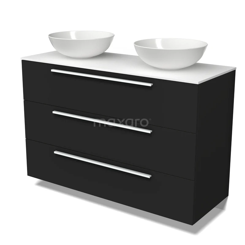 Möbel für Aufsatzwaschbecken BMK19-01880 Schwarzer Badschrank mit klaren Linien, drei Schubladen und doppelten weißen Aufsatzwaschbecken; modernes Design, ideal für Badezimmerlagerung.