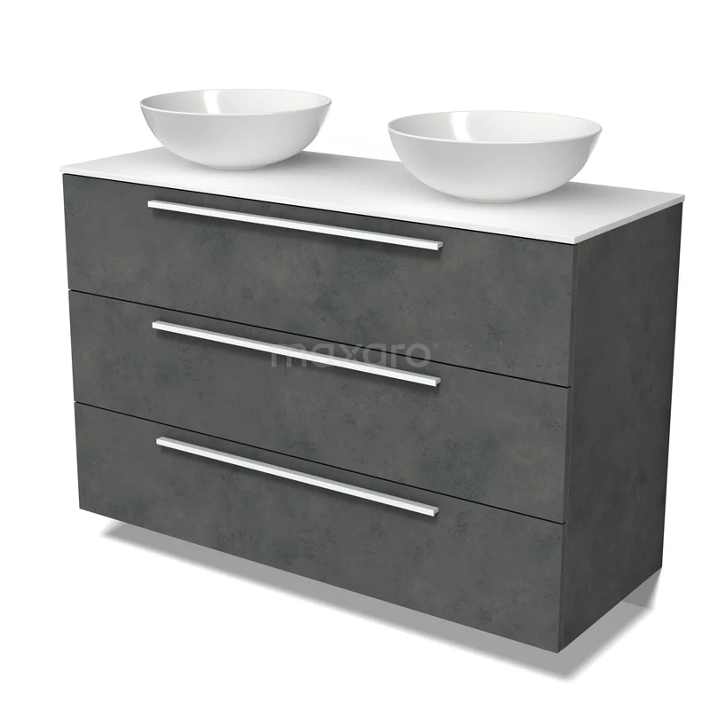Modulo Plato Vanity units for countertop basin | 120 cm Dark grey concrete Flat front Solid surface worktop 3 drawers BMK19-01898 Modulo Plato Vanity units for countertop basin | 120 cm Dark grey concrete Flat front Solid surface worktop 3 drawers BMK19-01898