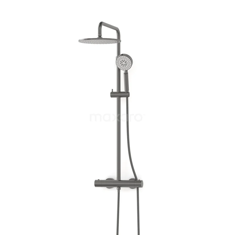 Radius Rain shower Construction | Black metal 25 cm Rain shower Thermostatic RC0102300ZM Grijze regendouche met verstelbare handdouche, strak design en thermostaatkraan, ideaal voor een moderne badkamer.