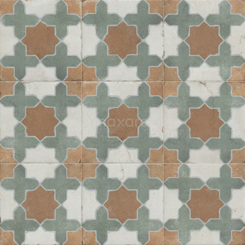 Vintage badkamertegel met groen-bruin mozaïekpatroon, keramisch design voor een klassieke en unieke badkamerstijl.