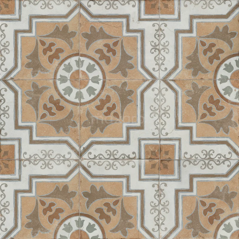 Tegelsample, Vloertegel/Wandtegel, Terracotta Ornate 502-1203TS Keramische vintage badkamertegels in beige, wit en groen met gedetailleerde patronen, ideaal voor unieke badkamerstijlen.