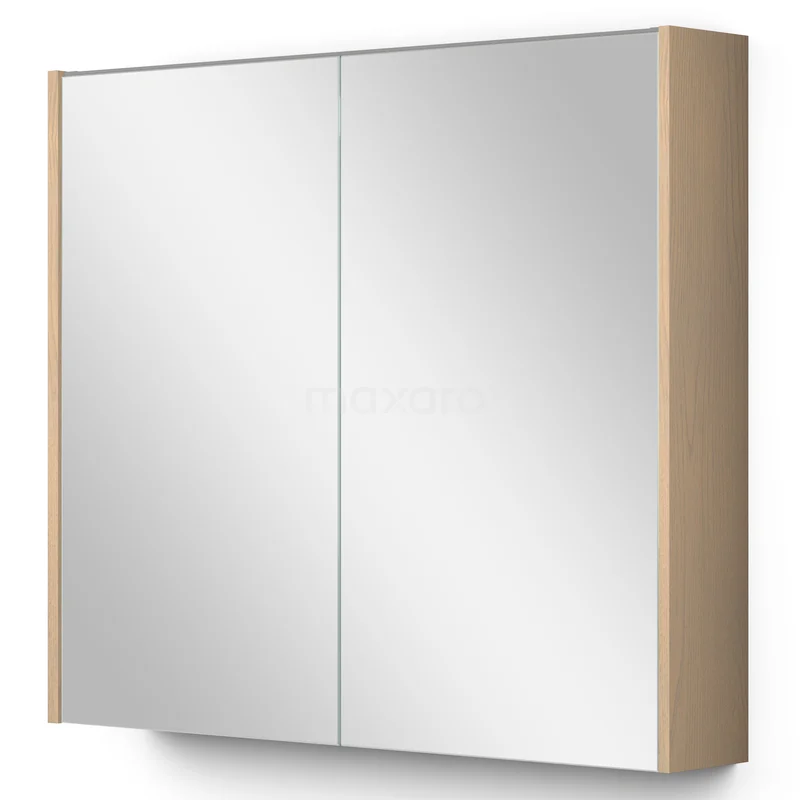 mirror cabinet K99-0800-59009-61 Spiegelkast hout-look met dubbele spiegeldeuren, ideaal voor extra badkameropslag en moderne, natuurlijke uitstraling.