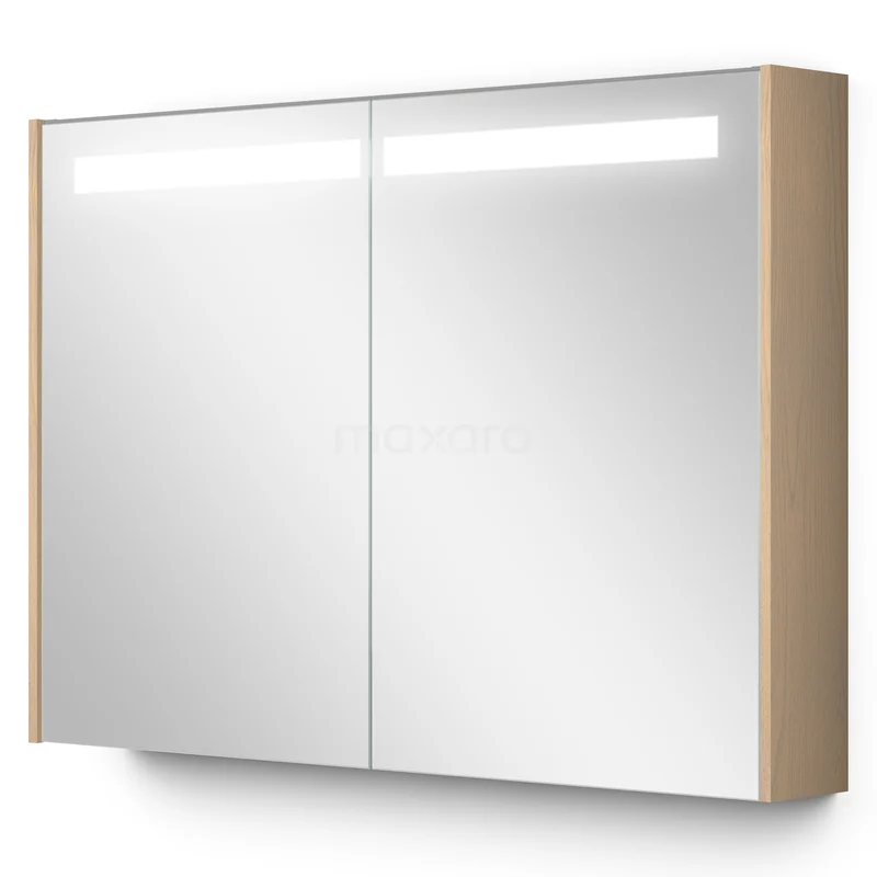 Spiegelkast hout-look met LED-verlichting, modern design, ideaal voor een georganiseerde en stijlvolle badkamer.