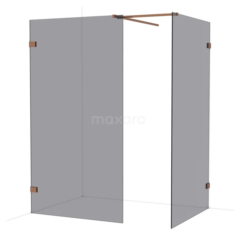 Diamond Walk-in shower | 110x110 cm Shiny copper Smoke glass 2 fixed walls IDB1111521GKP Glazen inloopdouche met hoekige vorm, scharnieren in goudkleur en minimalistisch design; perfect voor een moderne badkamerstijl.