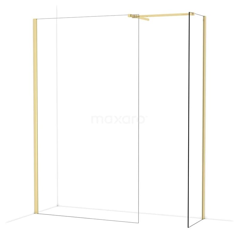 Diamond Walk-in shower | 120x50 cm Glossy light gold Clear glass 2 fixed walls IDB1205510GLG Inloopdouche met gouden accenten, transparant glas en strak frame, perfect voor een moderne badkamer.