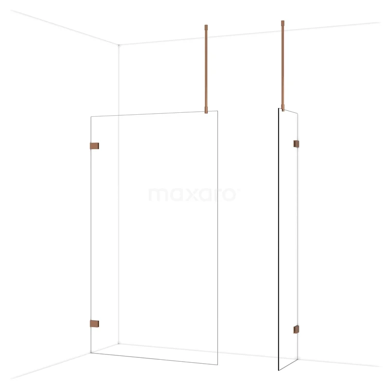 Diamond Walk-in shower | 120x50 cm Shiny copper Clear glass 2 fixed walls IDB1205920GKP Glazen douchewand met hoekopstelling, transparant glas, koperkleurige scharnieren, stijlvolle toevoeging aan elke moderne badkamer.