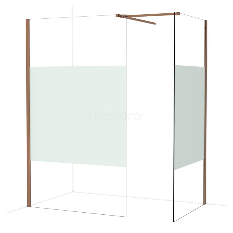 Diamond Walk-in shower | 120x100 cm Shiny copper Clear with matt strip 2 fixed walls IDB1210513GKP Douchewand met mat glazen paneel, koperkleurige profielen en strak design, perfect voor een moderne badkamer.