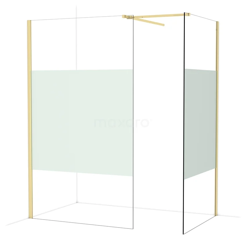 Diamond Walk-in shower | 120x100 cm Glossy light gold Clear with matt strip 2 fixed walls IDB1210513GLG Douchewand met goudkleurig frame, transparant glas en mat inzet, perfecte moderne toevoeging aan elke badkamer.