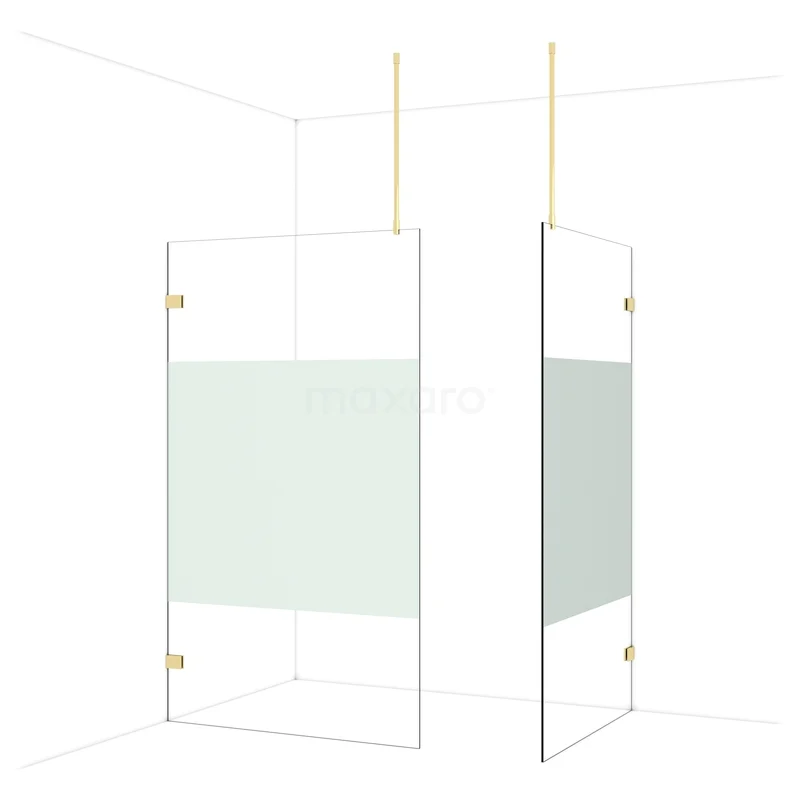 Diamond Walk-in shower | 120x110 cm Glossy light gold Clear with matt strip 2 fixed walls IDB1211923GLG Glazen douchewand met mat wit horizontaal design, goudkleurige beslagdetails, ideaal voor een moderne badkamer inrichting.