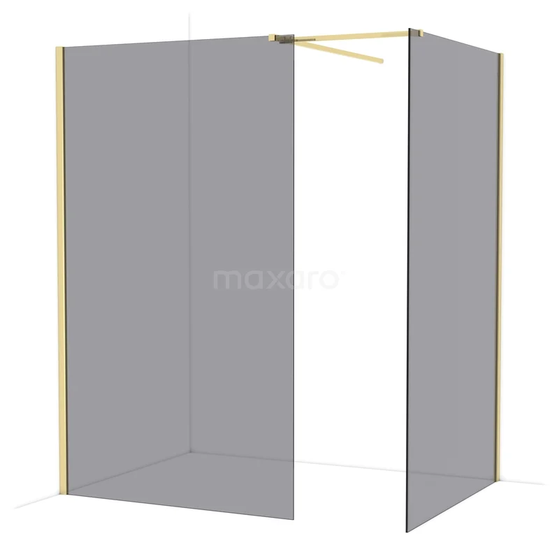 Diamond Walk-in shower | 120x120 cm Glossy light gold Smoke glass 2 fixed walls IDB1212511GLG Douchewand in hoekopstelling met goudkleurige profielen, helder glas en minimalistisch design; ideaal voor een moderne badkamer.