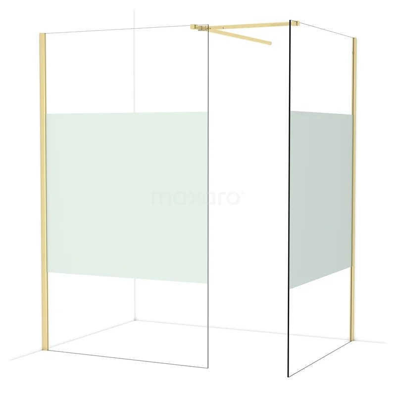 Diamond Walk-in shower | 120x120 cm Glossy light gold Clear with matt strip 2 fixed walls IDB1212513GLG Glazen douchewand met goudkleurig frame, minimalistisch design en matglasstrook voor privacy, stijlvol voor elke badkamer.