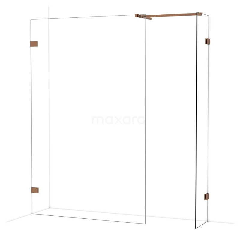 Diamond Walk-in shower | 130x40 cm Glanzend koper Clear glass 2 fixed walls IDB1304520GKP Douchewand met transparant glas en mat zwarte accenten, ideaal voor een moderne badkamerstijl.