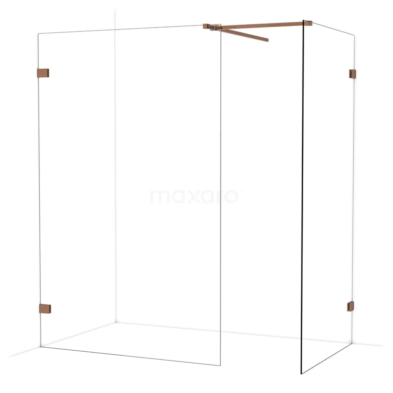 Diamond Walk-in shower | 130x100 cm Glanzend koper Clear glass 2 fixed walls IDB1310520GKP Glazen douchewand met roségouden accenten, minimalistisch design, ideaal voor een moderne badkamer.