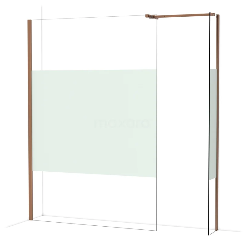 Douchewand met koperkleurige profielen, helder glas en mat glasstrook, ideaal voor een stijlvolle en moderne badkamer.