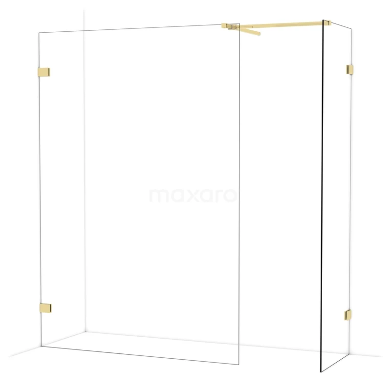 Diamond Walk-in shower | 140x60 cm Glossy light gold Clear glass 2 fixed walls IDB1406520GLG Glazen douchewand met goudkleurige details, minimalistisch design, ideaal voor een moderne badkamer.