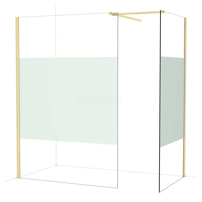 Diamond Walk-in shower | 140x100 cm Glossy light gold Clear with matt strip 2 fixed walls IDB1410513GLG Douchewand met goudkleurig frame, transparant glas en matgelasde strook, ideaal voor een moderne badkamer.