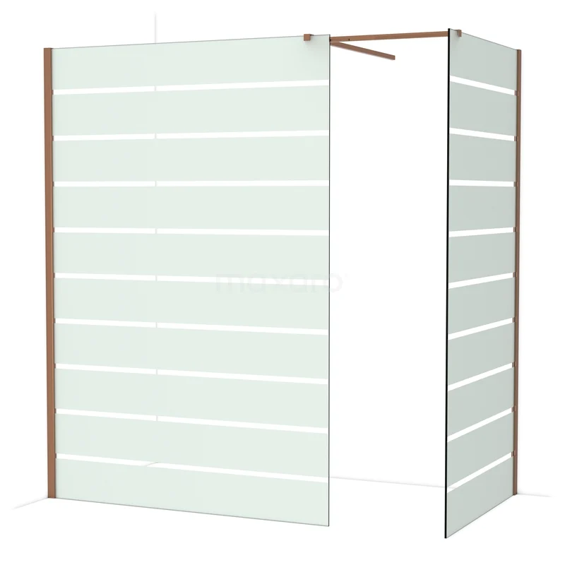 Diamond Walk-in shower | 140x100 cm Shiny copper Clear with matt stripes 2 fixed walls IDB1410516GKP Glazen douchewand met mat witte strepen, aluminium frame, ideaal voor een moderne badkamerinrichting.