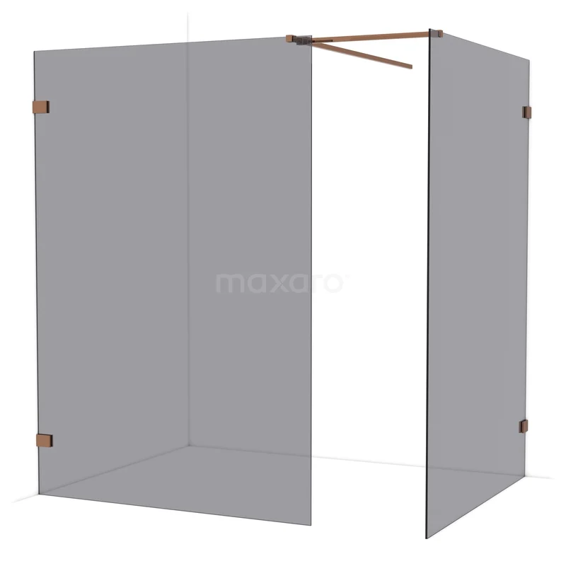 Diamond Walk-in shower | 140x140 cm Shiny copper Smoke glass 2 fixed walls IDB1414521GKP Glazen douchewand in hoekopstelling met mat zwarte details en bevestigingsset, ideaal voor moderne badkamers.