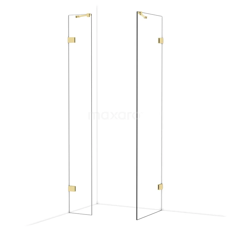 Diamond Walk-in shower | 60x30 cm Glossy light gold Clear glass 2 fixed walls IDB0306420GLG Glazen douchewand met goudkleurige scharnieren, strak design en modern badkamertoebehoren voor een luxueuze uitstraling.