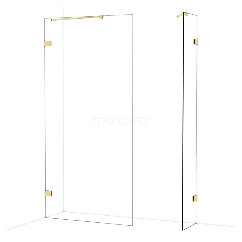 Glazen douchewand met goudkleurige scharnieren, luxe design, ideaal voor moderne badkamers.