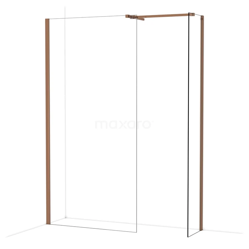 Elegante douchewand met koperkleurige profielen, minimalistisch design en helder glas voor een stijlvolle badkamer inrichting.