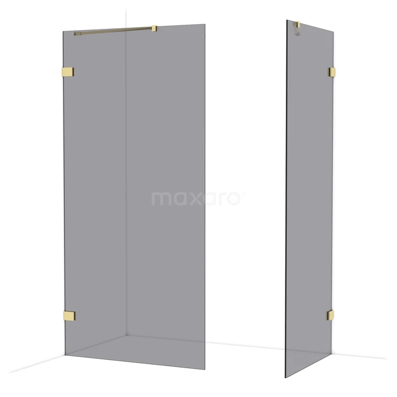 Diamond Walk-in shower | 100x80 cm Shiny light gold Smoke glass 2 fixed walls IDB1008421GLG Grey shower wall with gold hinges, modern glass design for a stylish bathroom.