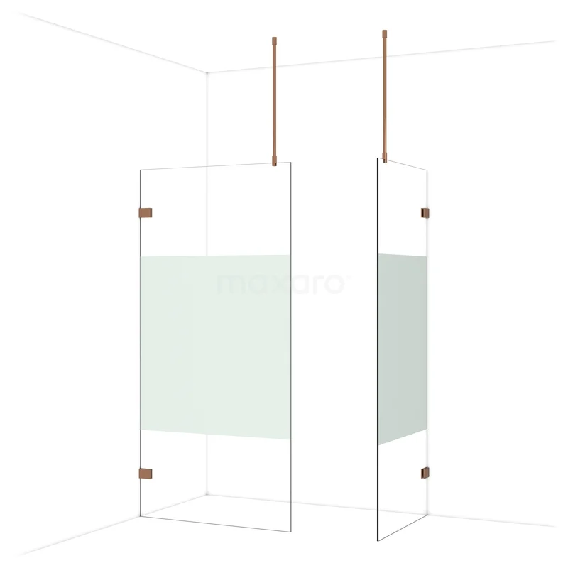Glazen inloopdouche met mat glas en koperkleurige details, modern design perfect voor een stijlvolle badkamerinrichting.