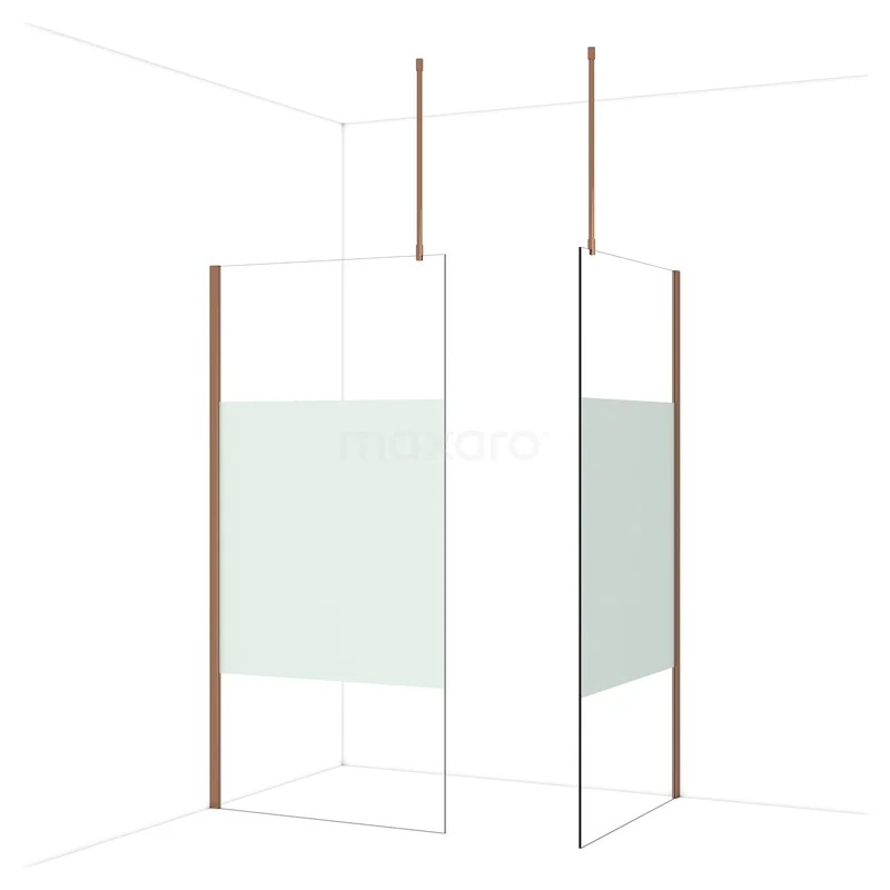 Diamond begehbare Dusche | 100x100 cm Glänzendes Kupfer 2 feste Wände IDB1010913GKP Duschwand mit minimalistischem Design, weißem Rahmen und mattiertem Glas, ideal für einen modernen Badezimmerstil.