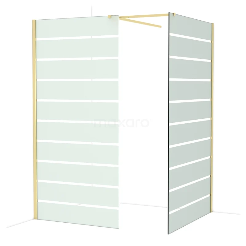 Diamond Walk-in shower | 120x100 cm Glossy light gold Clear with matt stripes 2 fixed walls IDB1012516GLG Witte douchewand met goudkleurige profielen en matte glasstrepen, moderne afwerking voor stijlvol badkamerdesign.