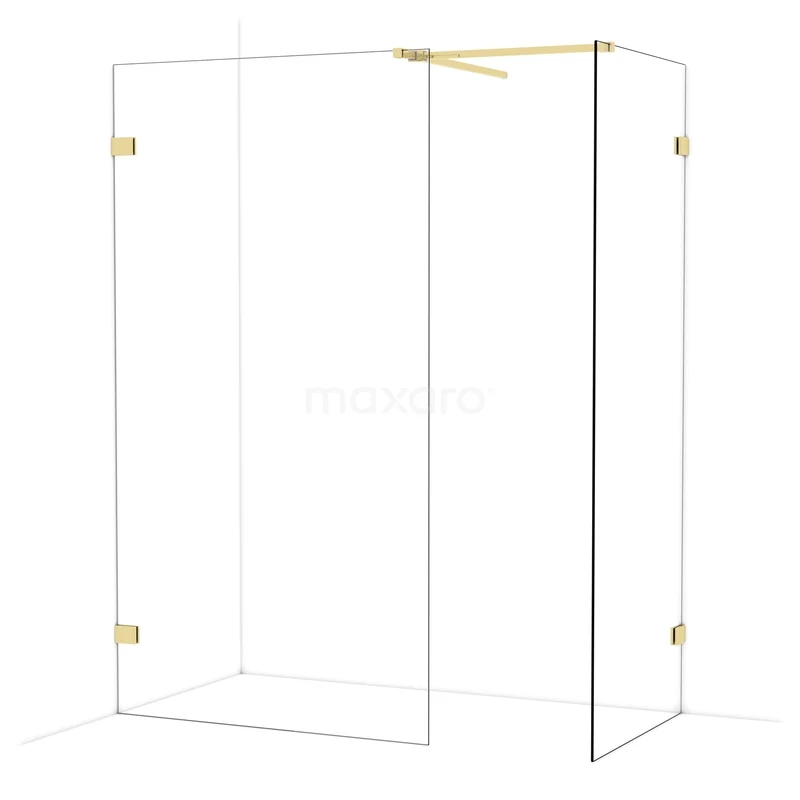 Glazen inloopdouche van transparant glas met goudkleurige accenten, strak design voor een moderne badkamer.