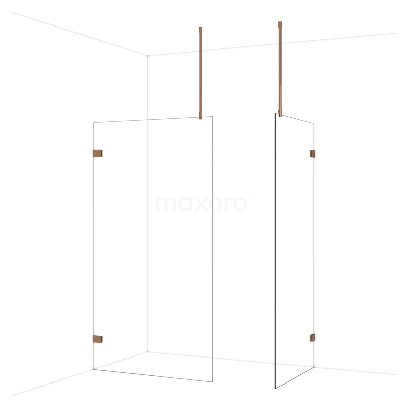 Diamond Walk-in shower | 110x90 cm Shiny copper Clear glass 2 fixed walls IDB1109920GKP Glazen douchewand met hoek, transparant design en goudkleurige details, perfect voor een moderne badkamer.