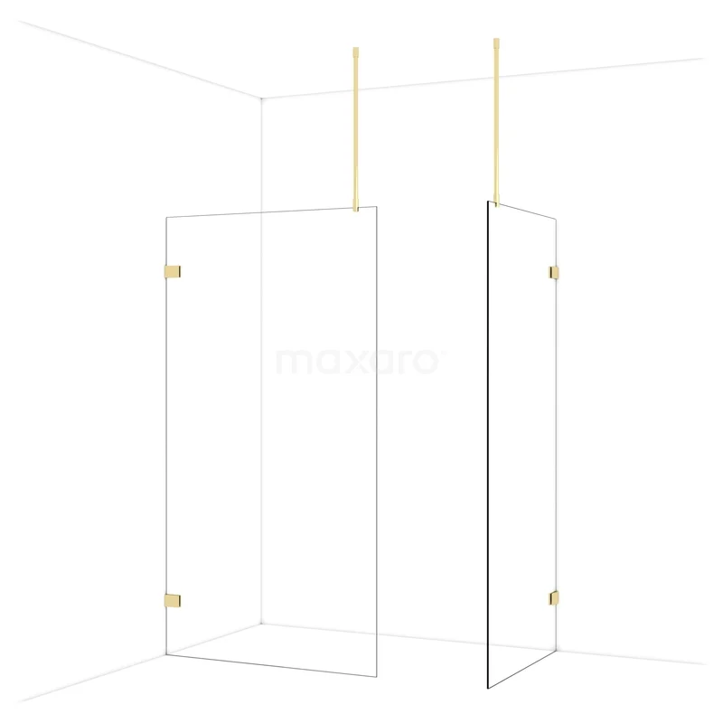 Diamond Walk-in shower | 110x90 cm Glossy light gold Clear glass 2 fixed walls IDB1109920GLG Douchewand in helder glas met goudkleurige details, strak design, ideaal voor moderne badkamers.